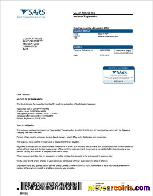 South Africa value added tax certificate